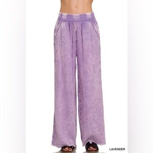 Zenana Lavender Washed Double Gauze Elastic Band Waist Pants